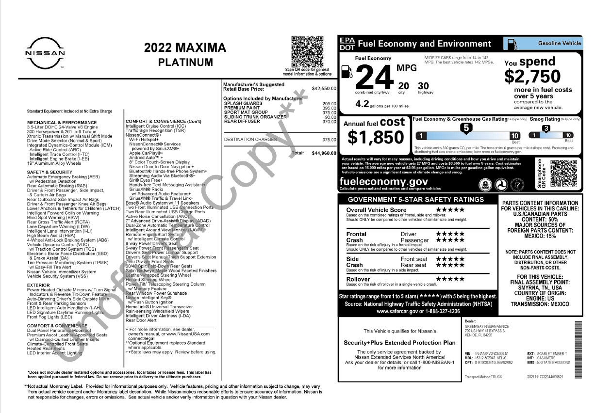 2022 Nissan Maxima Platinum Xtronic CVT